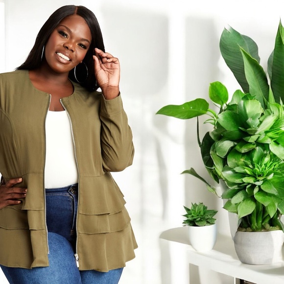 Ashley Stewart Tiered Ruffle Lightweight Bomber Jacket - Picture 5 of 13